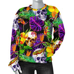 Purple Tropical Skull Pattern Print Women's Crewneck Sweatshirt GearFrost