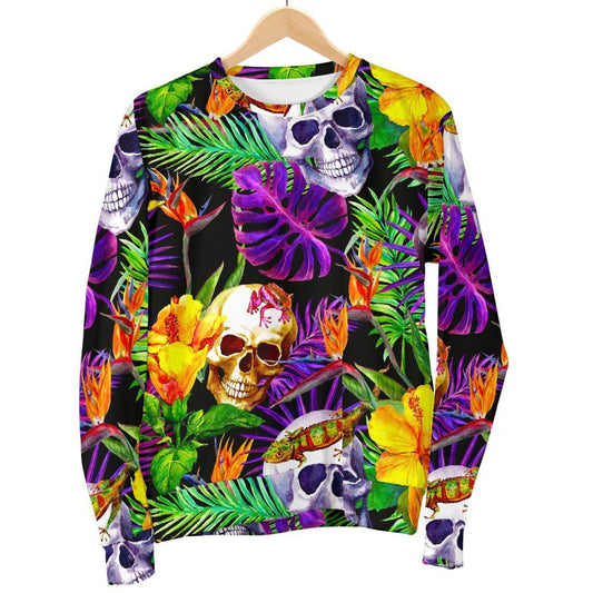 Purple Tropical Skull Pattern Print Women's Crewneck Sweatshirt GearFrost