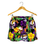 Purple Tropical Skull Pattern Print Women's Shorts