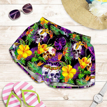 Purple Tropical Skull Pattern Print Women's Shorts