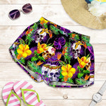 Purple Tropical Skull Pattern Print Women's Shorts