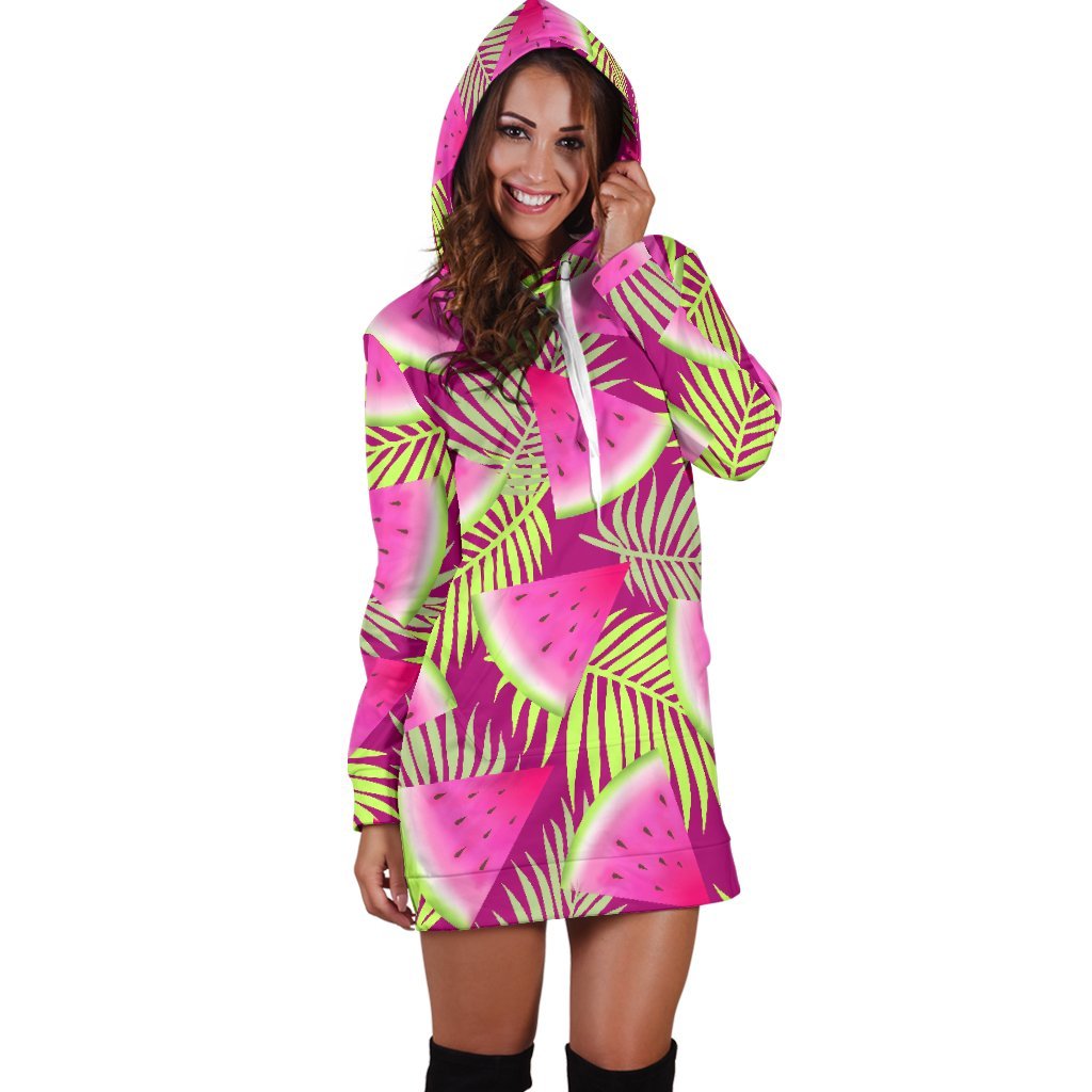 Purple Tropical Watermelon Pattern Print Hoodie Dress GearFrost