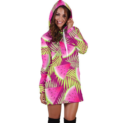 Purple Tropical Watermelon Pattern Print Hoodie Dress GearFrost