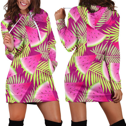 Purple Tropical Watermelon Pattern Print Hoodie Dress GearFrost