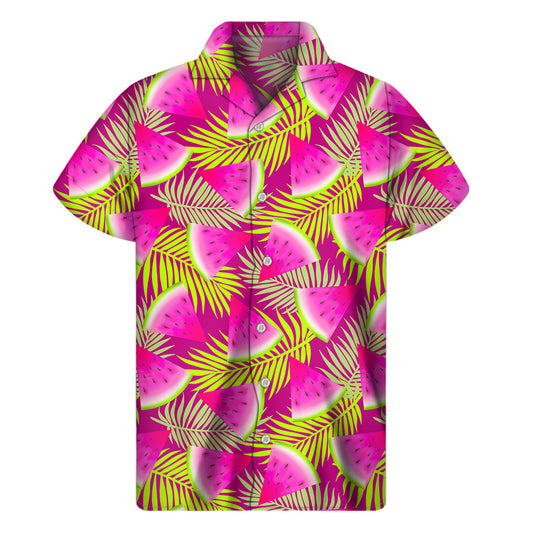 Purple Tropical Watermelon Pattern Print Men's Short Sleeve Shirt