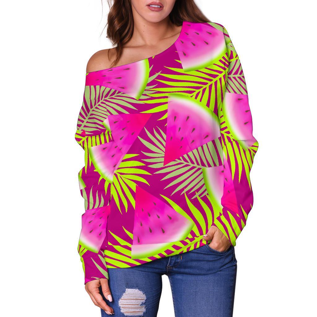 Purple Tropical Watermelon Pattern Print Off Shoulder Sweatshirt GearFrost