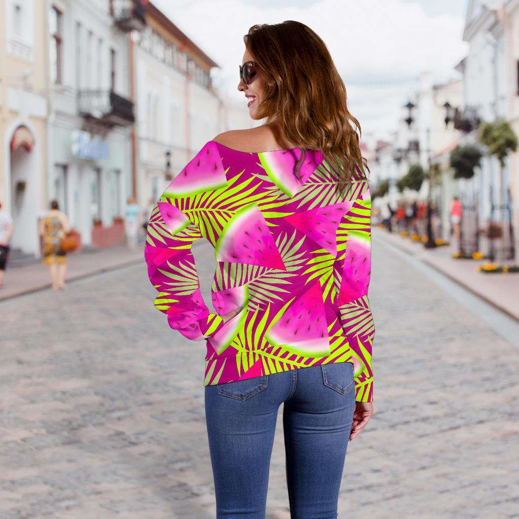 Purple Tropical Watermelon Pattern Print Off Shoulder Sweatshirt GearFrost