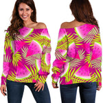 Purple Tropical Watermelon Pattern Print Off Shoulder Sweatshirt GearFrost