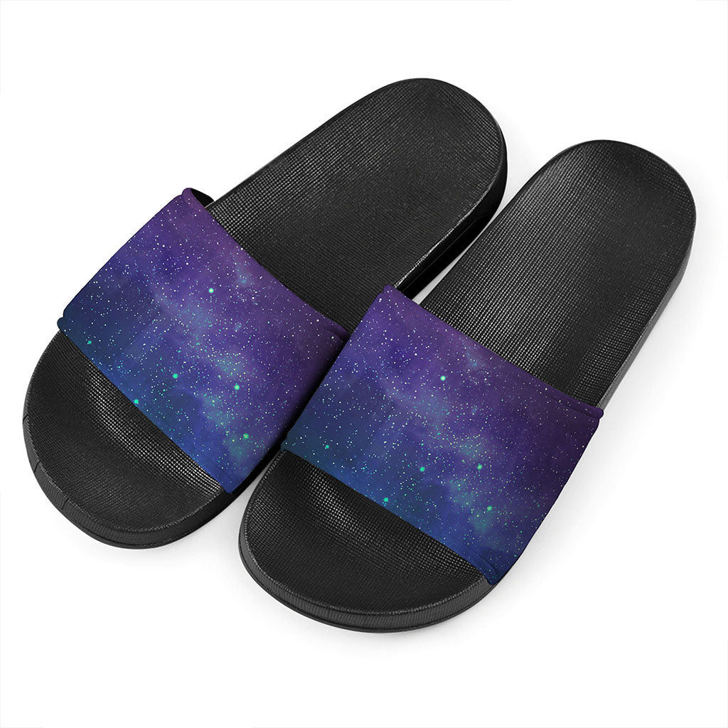 Purple Turquoise Galaxy Space Print Black Slide Sandals