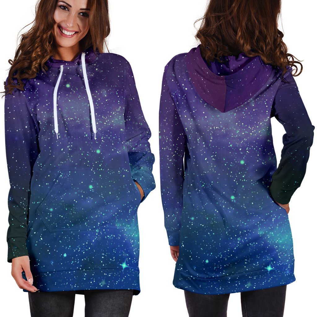Purple Turquoise Galaxy Space Print Hoodie Dress GearFrost