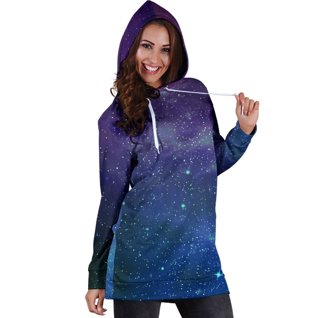 Purple Turquoise Galaxy Space Print Hoodie Dress GearFrost