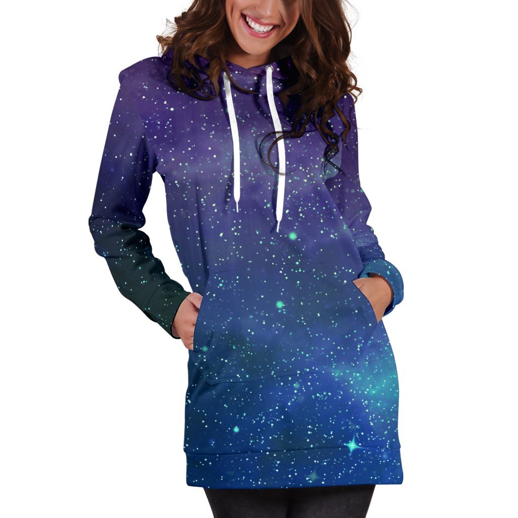 Purple Turquoise Galaxy Space Print Hoodie Dress GearFrost