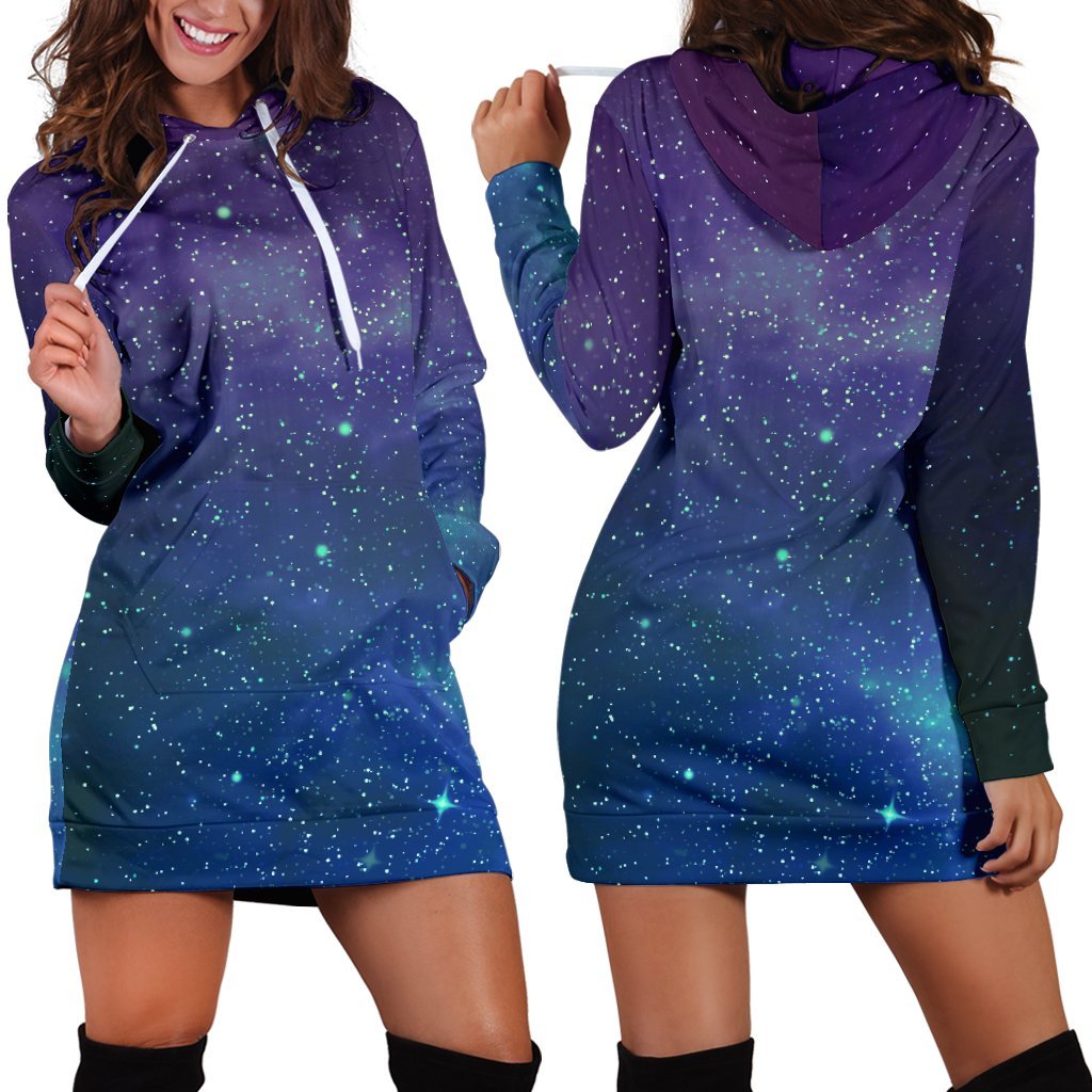 Purple Turquoise Galaxy Space Print Hoodie Dress GearFrost