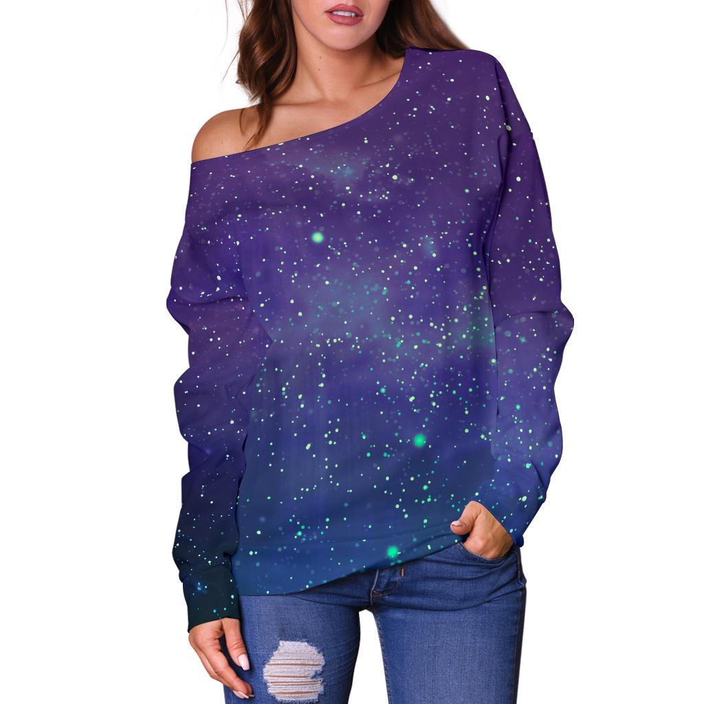 Purple Turquoise Galaxy Space Print Off Shoulder Sweatshirt GearFrost