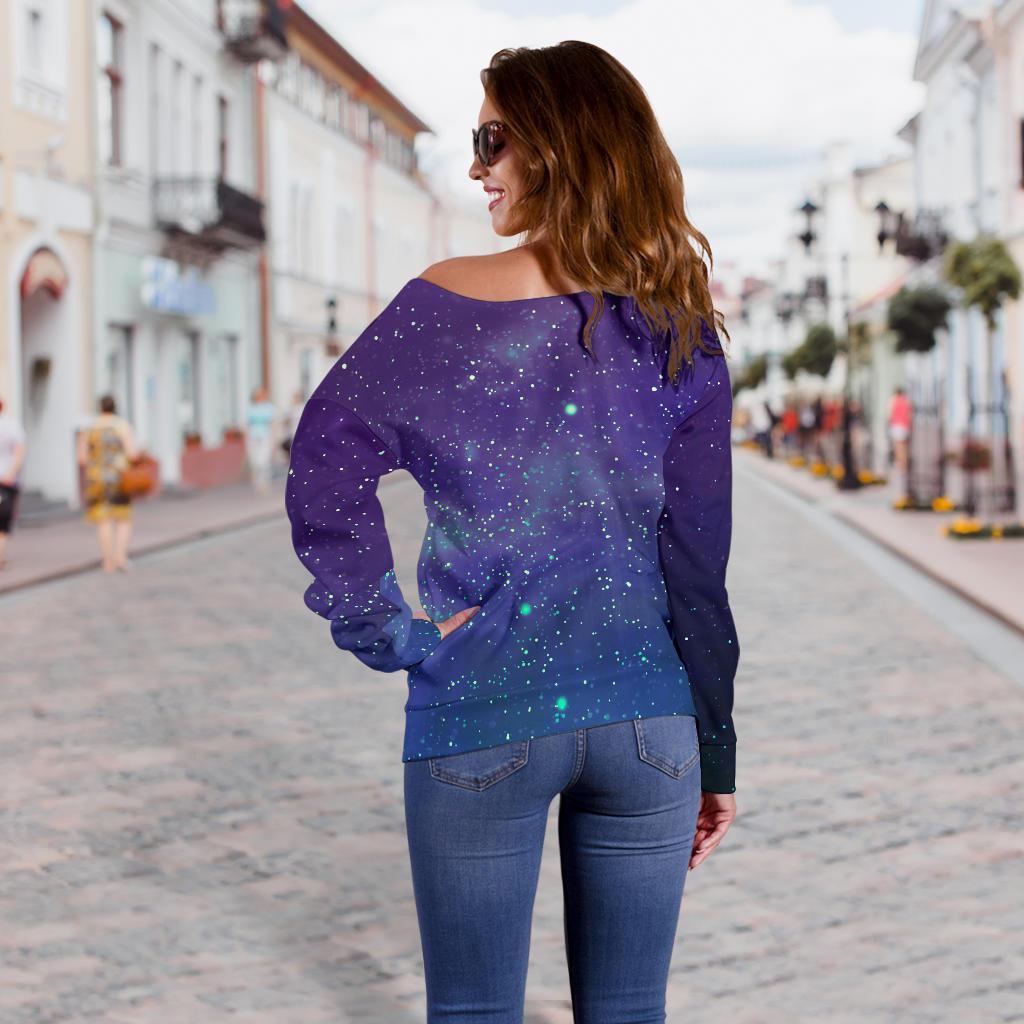 Purple Turquoise Galaxy Space Print Off Shoulder Sweatshirt GearFrost