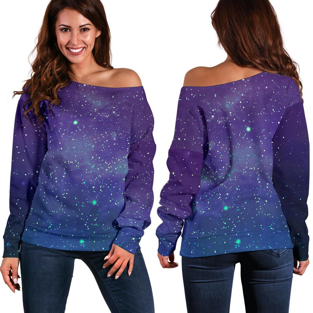 Purple Turquoise Galaxy Space Print Off Shoulder Sweatshirt GearFrost