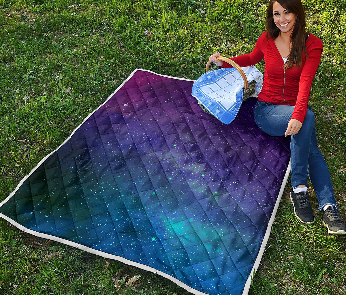 Purple Turquoise Galaxy Space Print Quilt