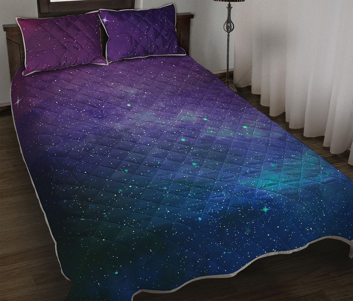 Purple Turquoise Galaxy Space Print Quilt Bed Set