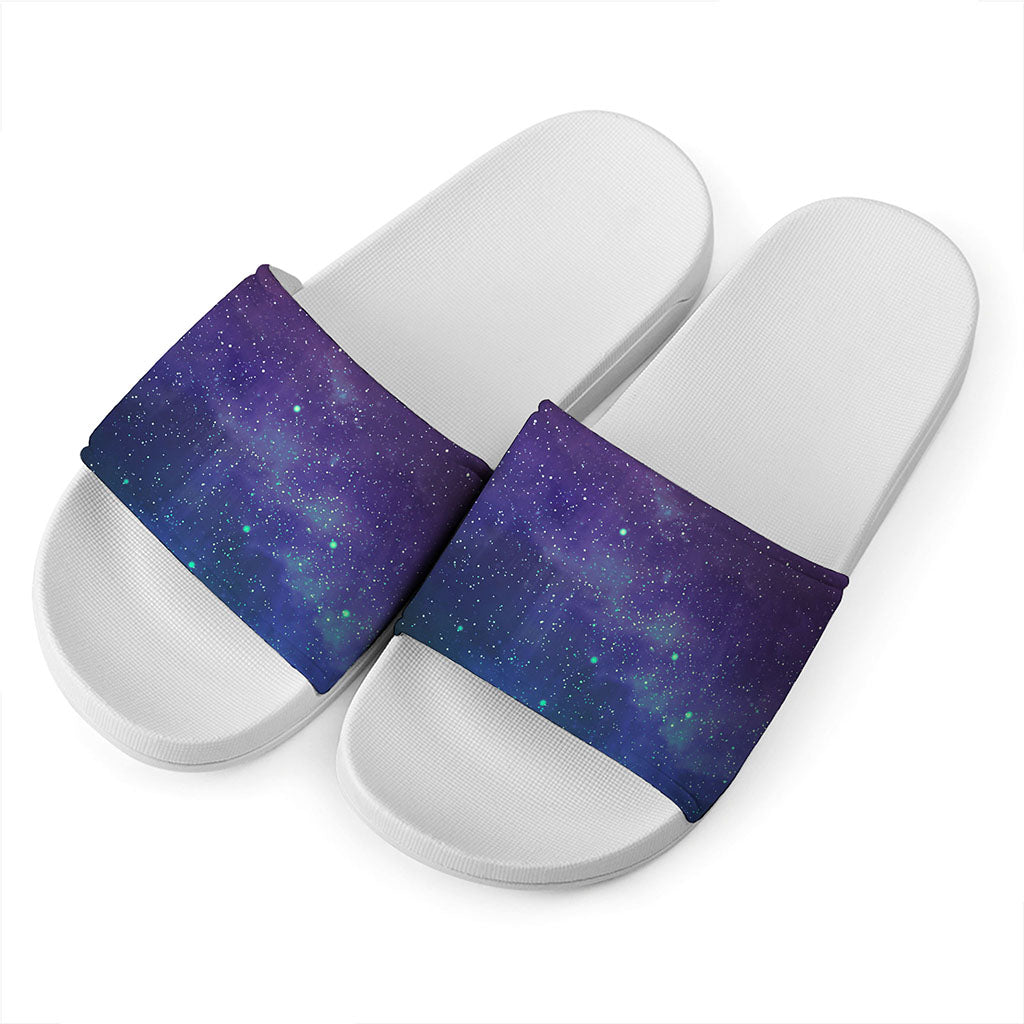 Purple Turquoise Galaxy Space Print White Slide Sandals