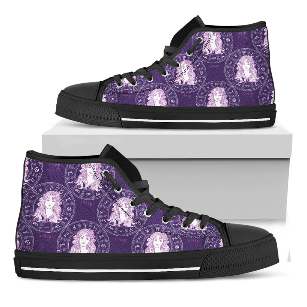 Purple Virgo Zodiac Pattern Print Black High Top Shoes