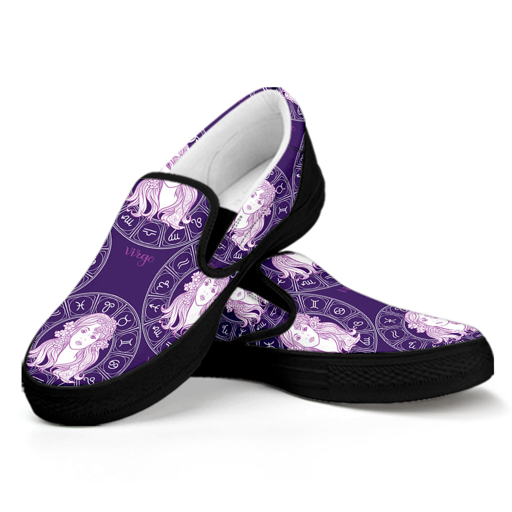 Purple Virgo Zodiac Pattern Print Black Slip On Shoes