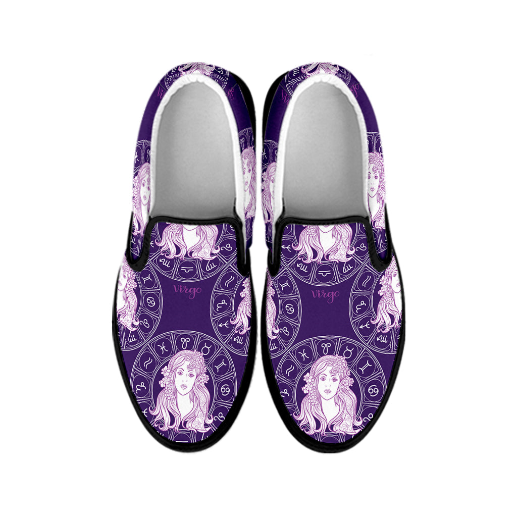 Purple Virgo Zodiac Pattern Print Black Slip On Shoes