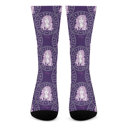 Purple Virgo Zodiac Pattern Print Crew Socks