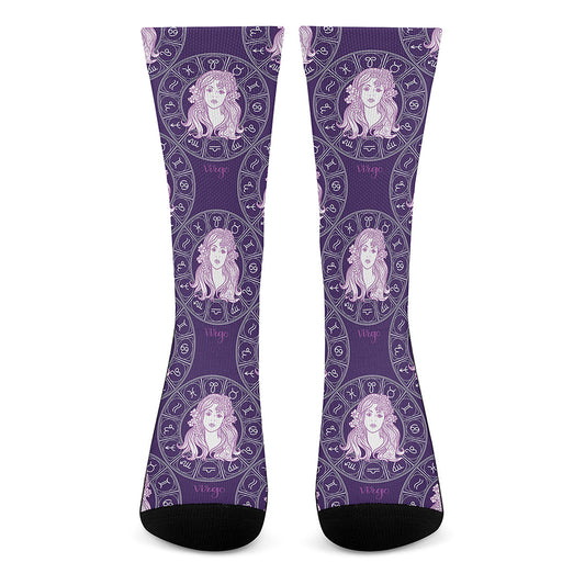 Purple Virgo Zodiac Pattern Print Crew Socks