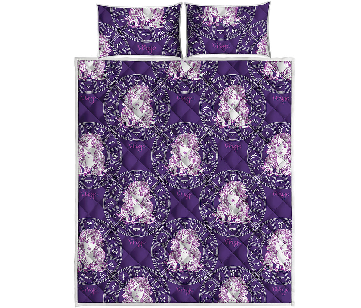 Purple Virgo Zodiac Pattern Print Quilt Bed Set