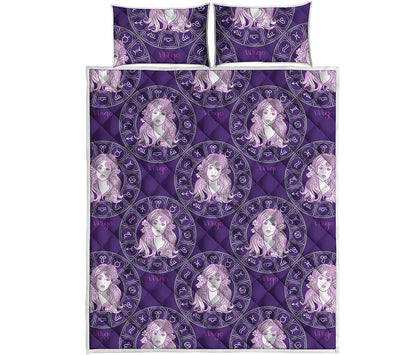 Purple Virgo Zodiac Pattern Print Quilt Bed Set