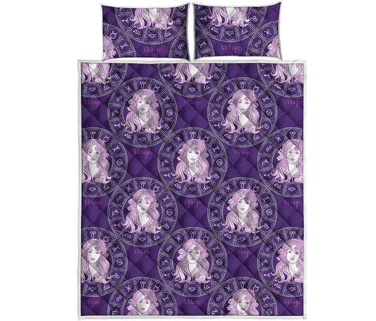 Purple Virgo Zodiac Pattern Print Quilt Bed Set