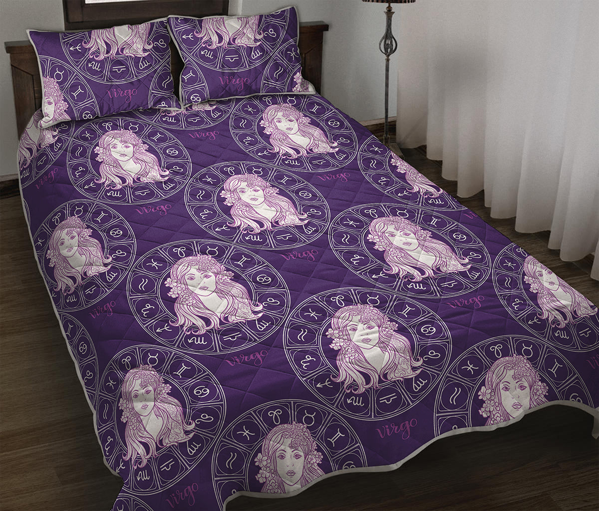Purple Virgo Zodiac Pattern Print Quilt Bed Set