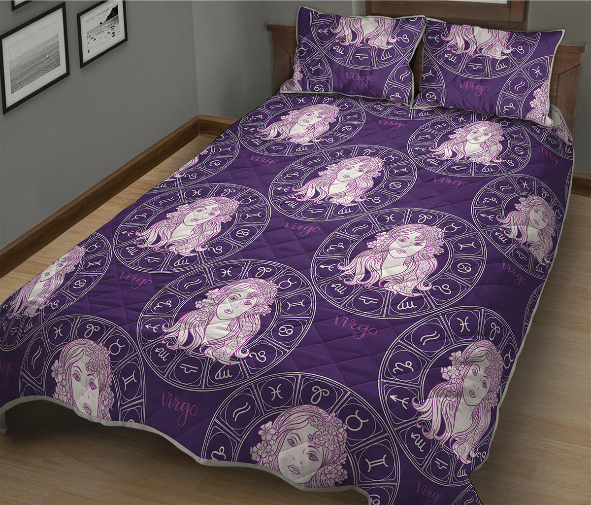 Purple Virgo Zodiac Pattern Print Quilt Bed Set