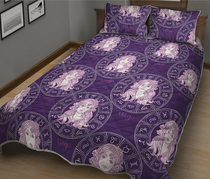 Purple Virgo Zodiac Pattern Print Quilt Bed Set