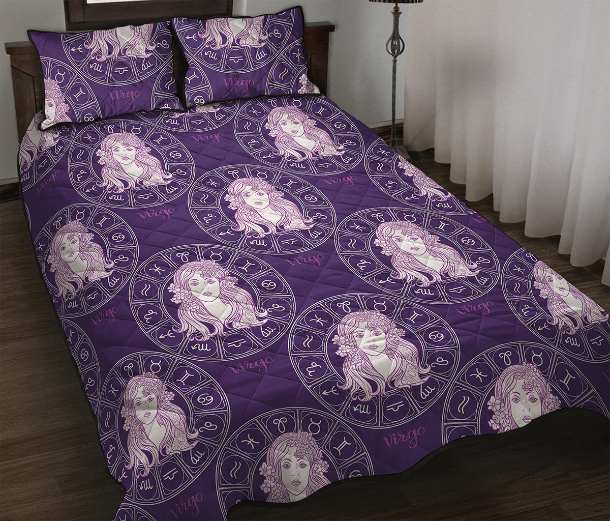 Purple Virgo Zodiac Pattern Print Quilt Bed Set