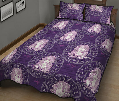 Purple Virgo Zodiac Pattern Print Quilt Bed Set