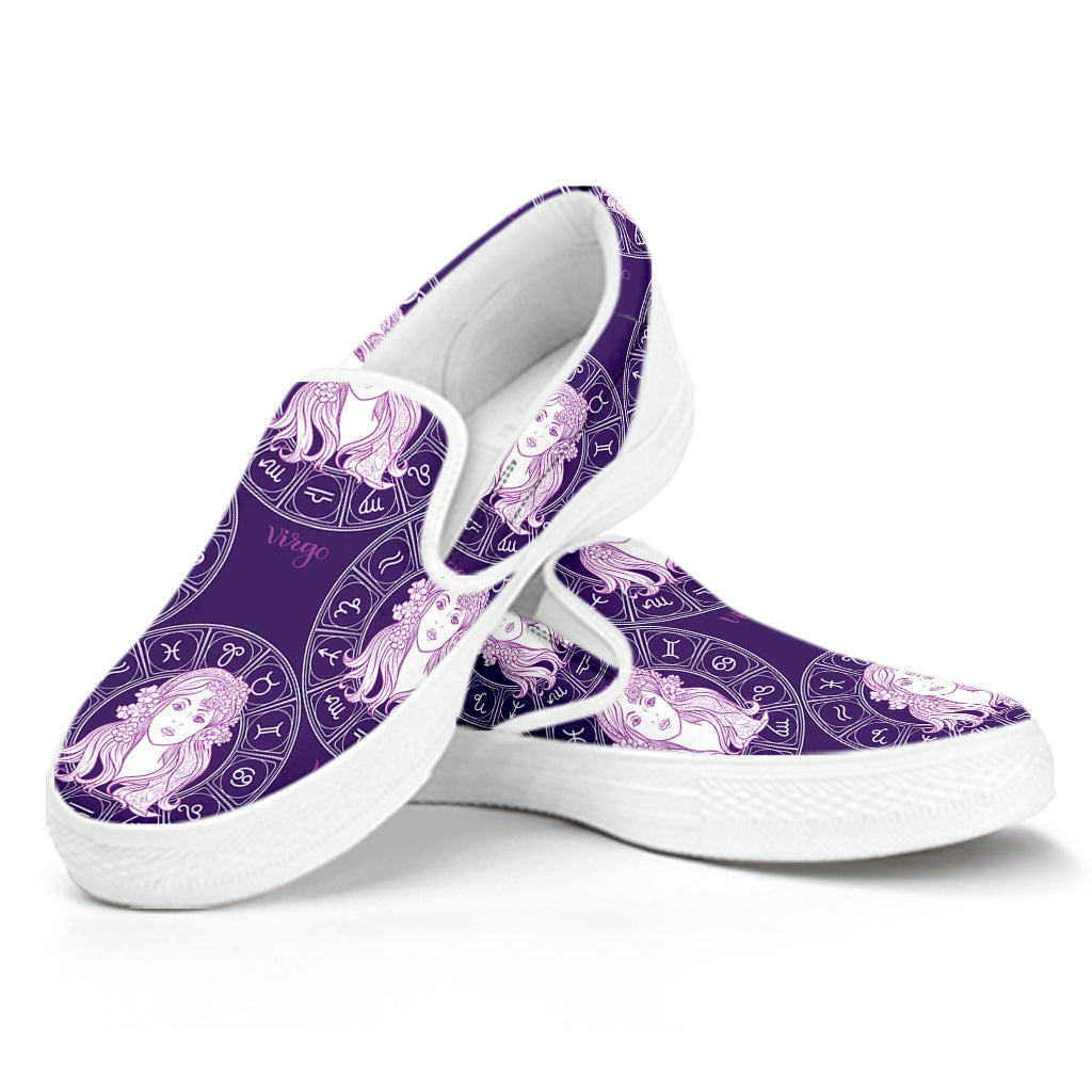 Purple Virgo Zodiac Pattern Print White Slip On Shoes