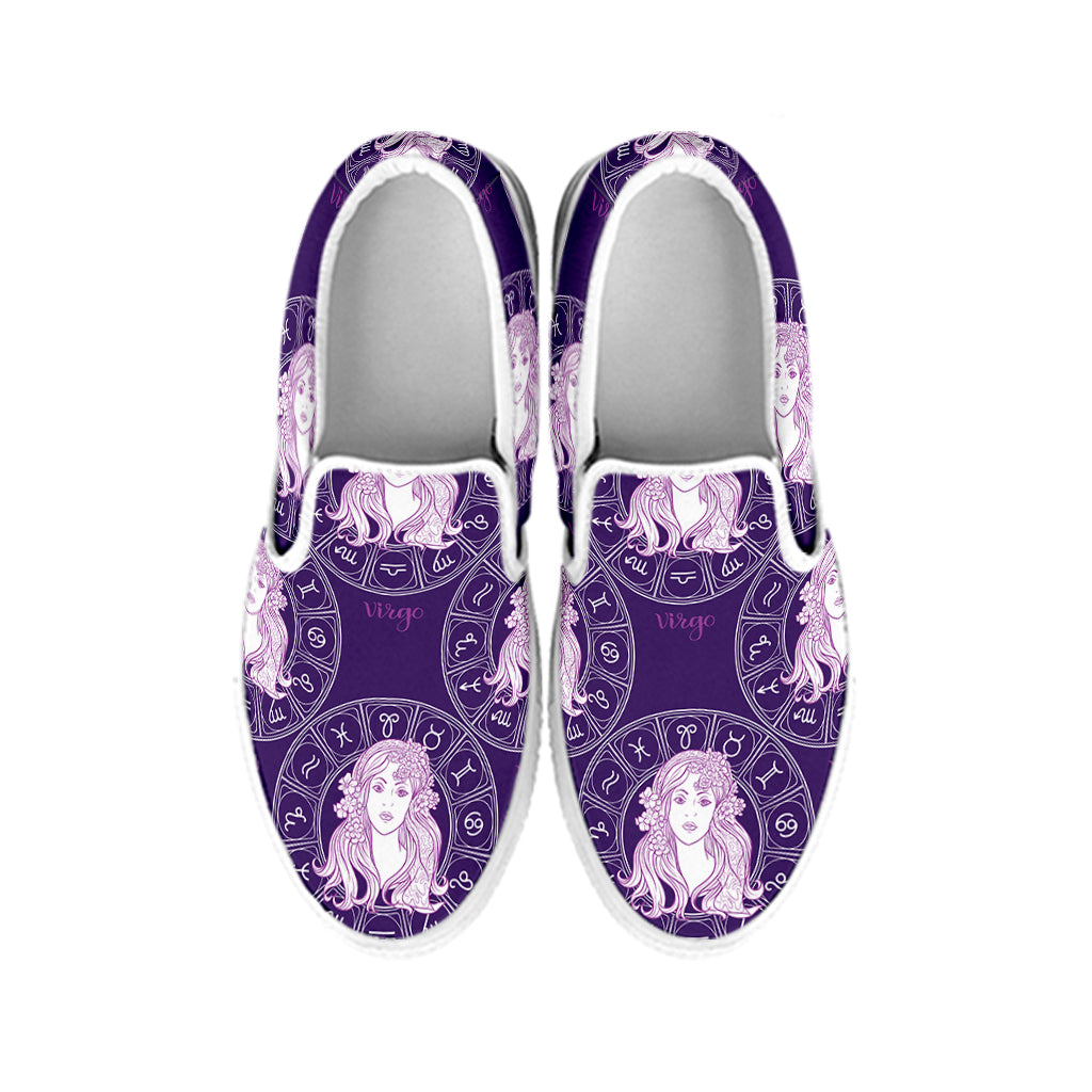 Purple Virgo Zodiac Pattern Print White Slip On Shoes