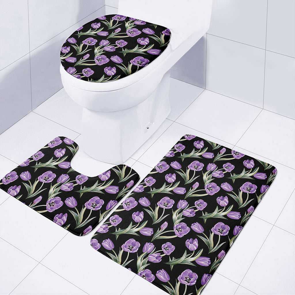 Purple Watercolor Tulip Pattern Print 3 Piece Bath Mat Set