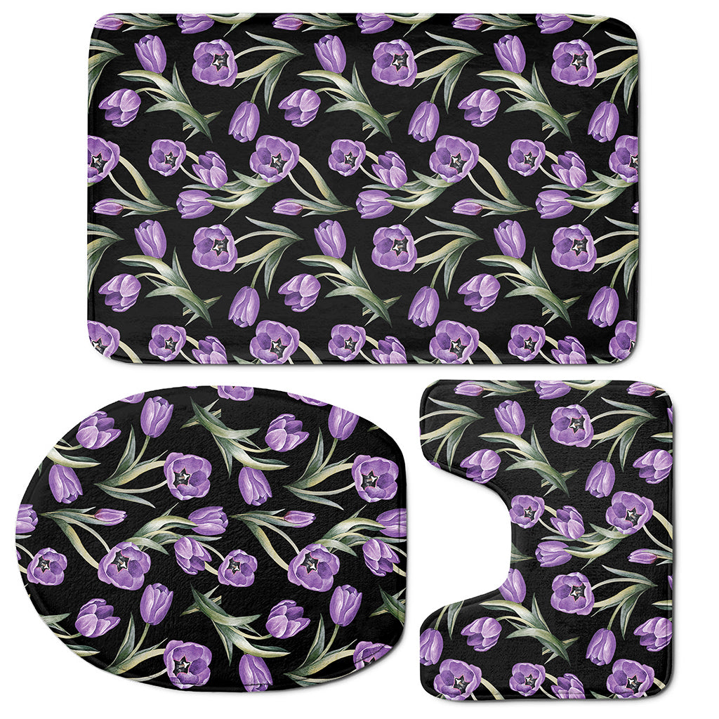 Purple Watercolor Tulip Pattern Print 3 Piece Bath Mat Set
