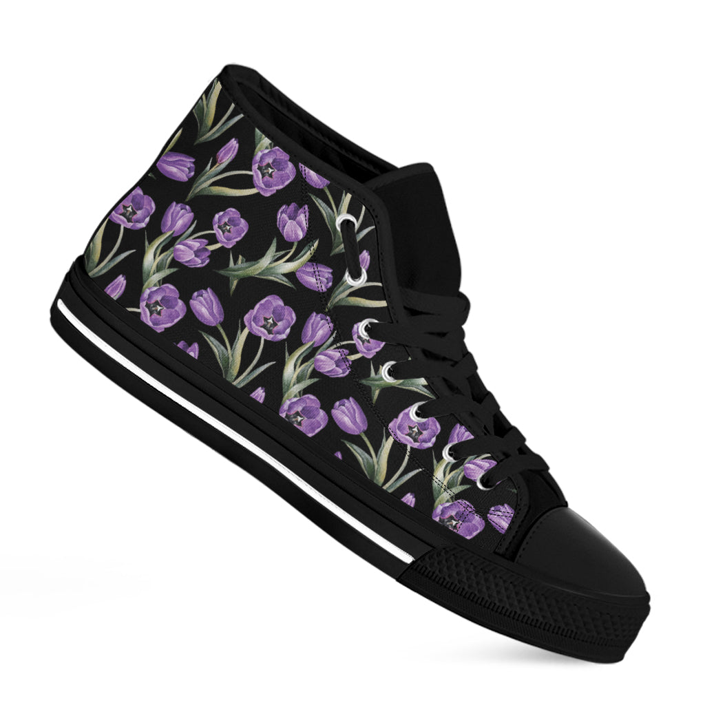 Purple Watercolor Tulip Pattern Print Black High Top Shoes