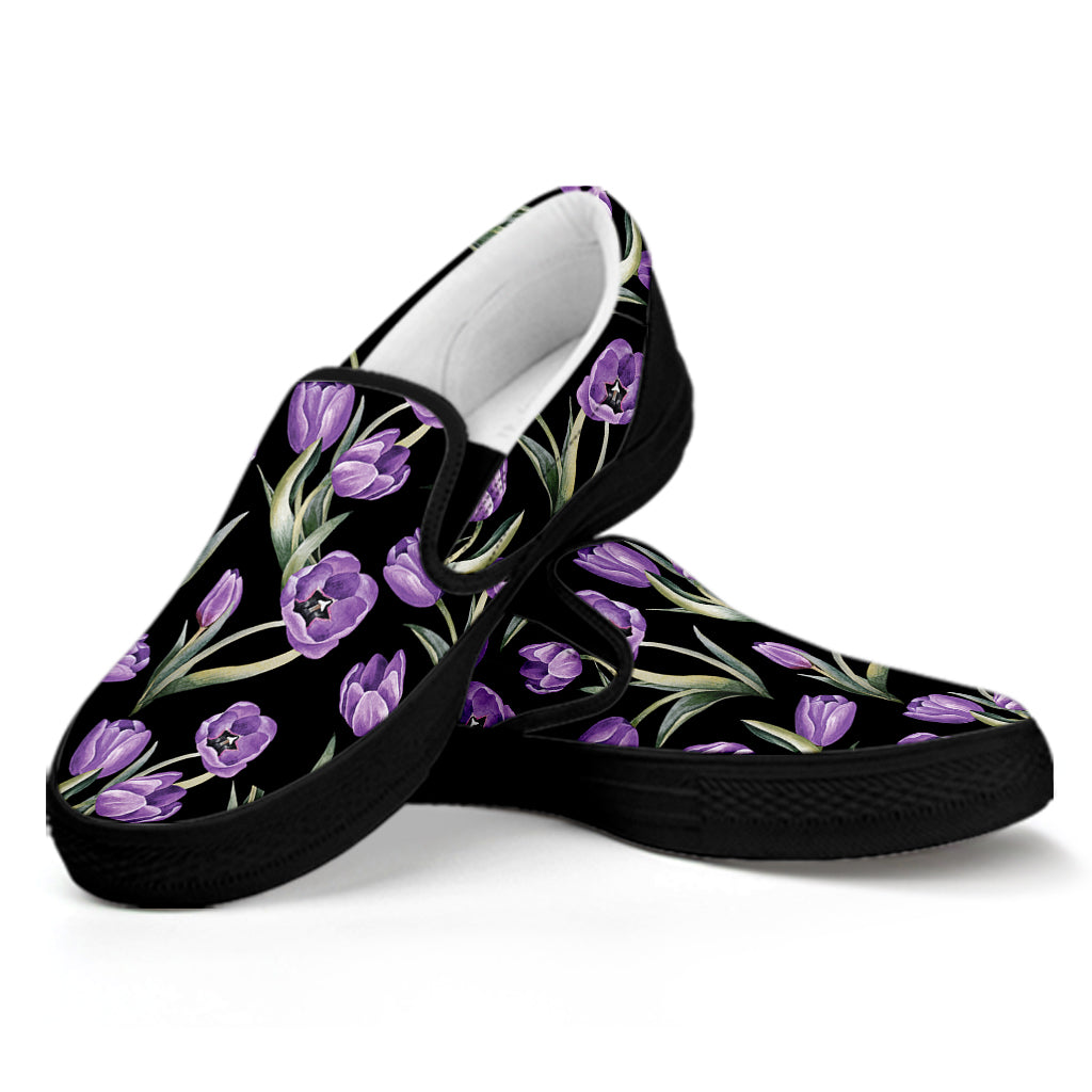 Purple Watercolor Tulip Pattern Print Black Slip On Shoes