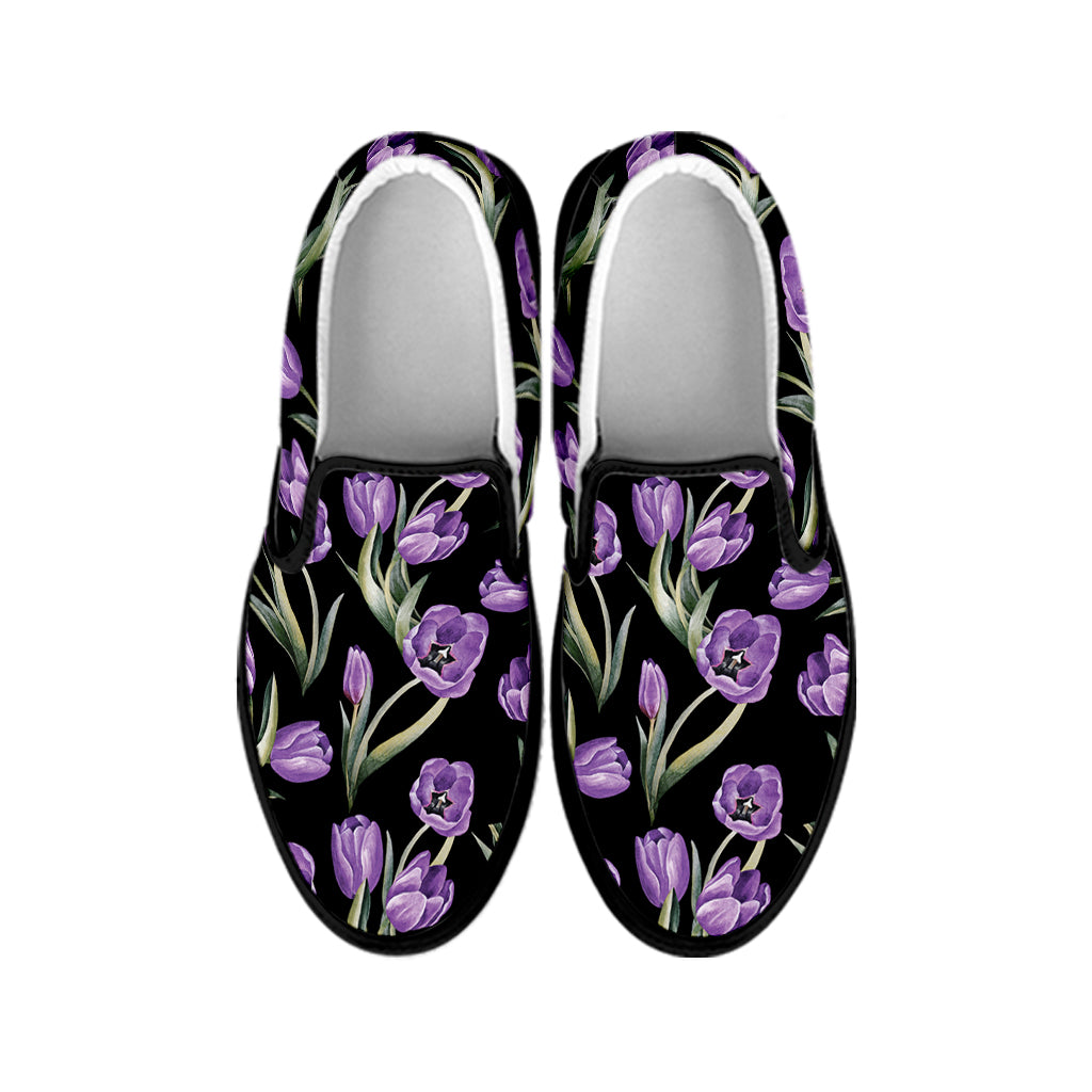 Purple Watercolor Tulip Pattern Print Black Slip On Shoes