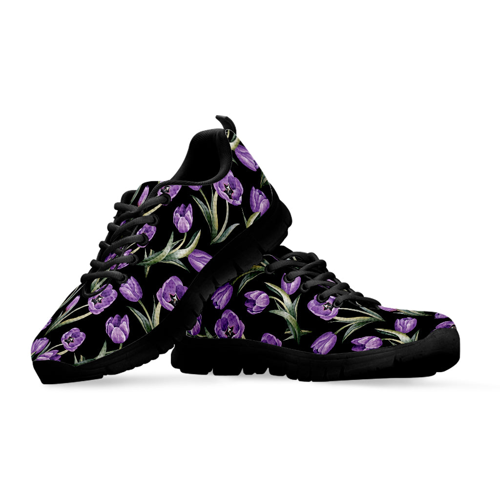 Purple Watercolor Tulip Pattern Print Black Sneakers