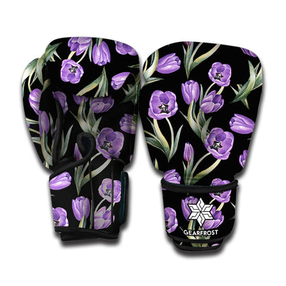 Purple Watercolor Tulip Pattern Print Boxing Gloves