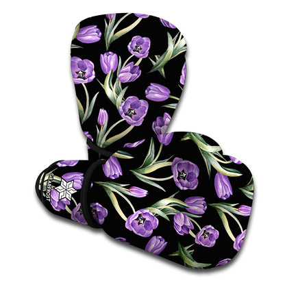 Purple Watercolor Tulip Pattern Print Boxing Gloves