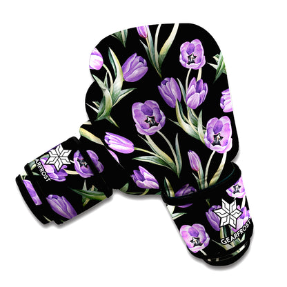Purple Watercolor Tulip Pattern Print Boxing Gloves