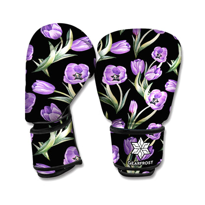 Purple Watercolor Tulip Pattern Print Boxing Gloves