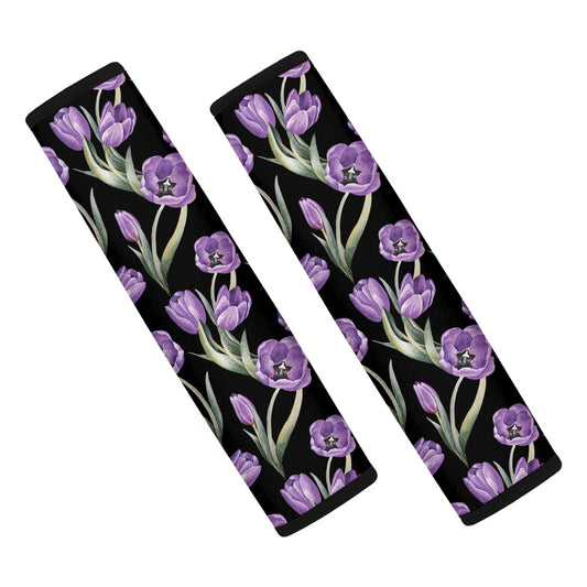 Purple Watercolor Tulip Pattern Print Car Seat Belt Covers