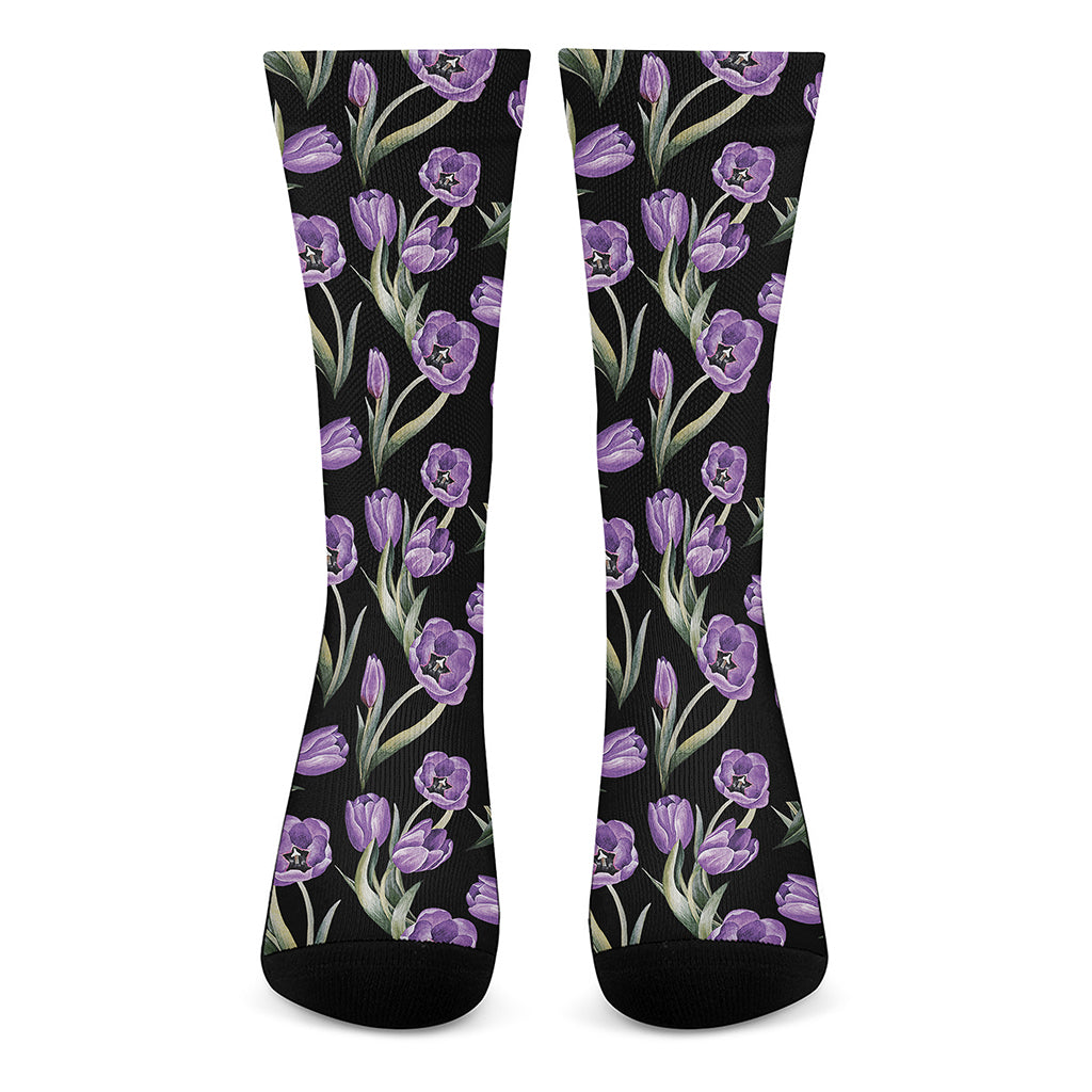 Purple Watercolor Tulip Pattern Print Crew Socks